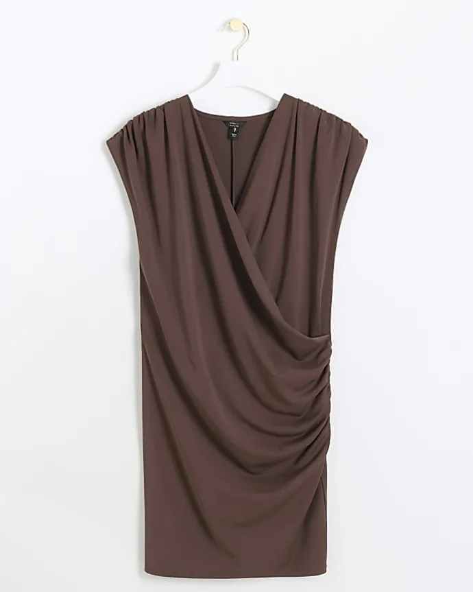 Brown drape wrap bodycon mini dress