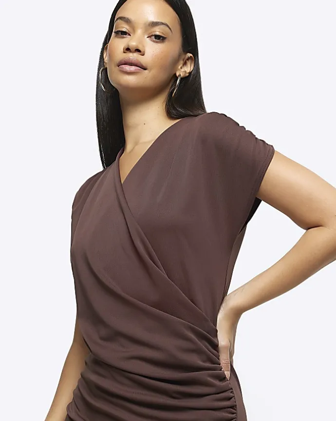 Brown drape wrap bodycon mini dress