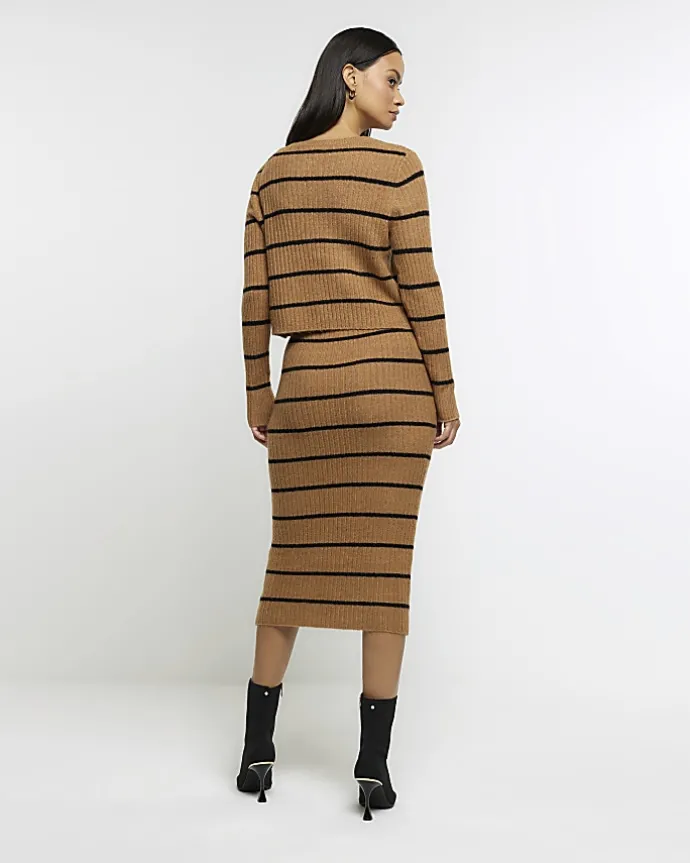 Brown knit stripe bodycon midi dress set