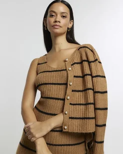 Brown knit stripe bodycon midi dress set