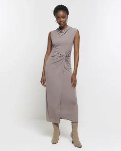 Brown knot detail bodycon midi dress