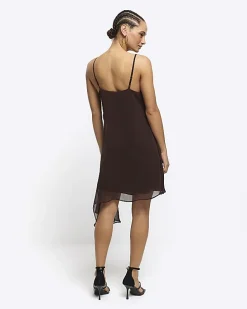 Brown lace trim asymmetric slip mini dress