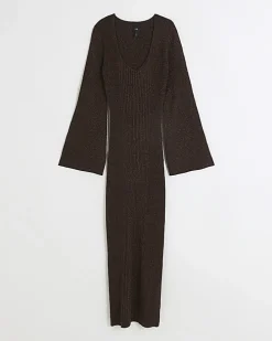 Brown long sleeve jumper midi dress
