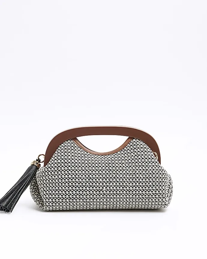Brown raffia clutch bag