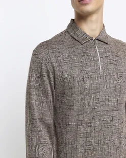 Brown regular fit cross hatch jacquard polo