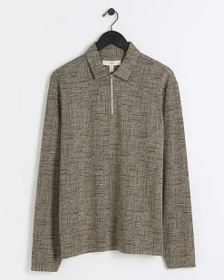 Brown regular fit cross hatch jacquard polo