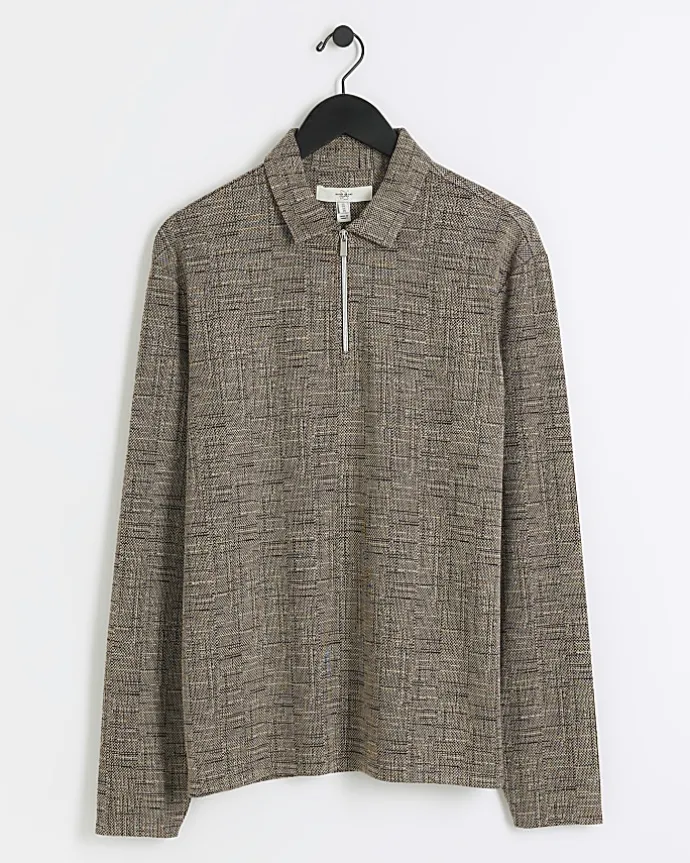 Brown regular fit cross hatch jacquard polo