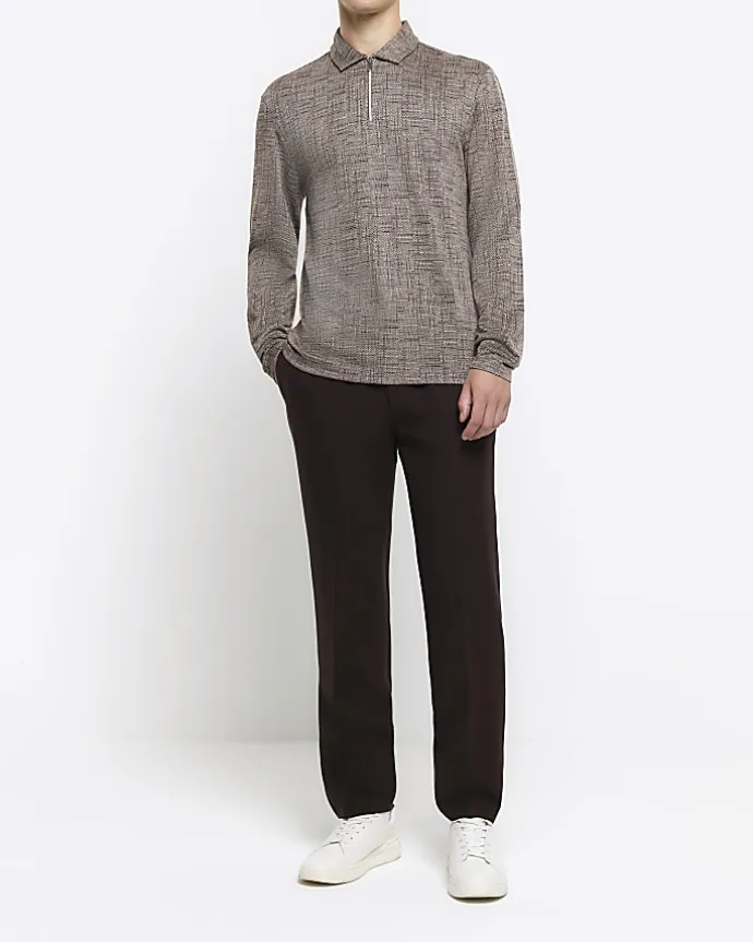 Brown regular fit cross hatch jacquard polo