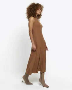 Brown rib high neck bodycon midi dress