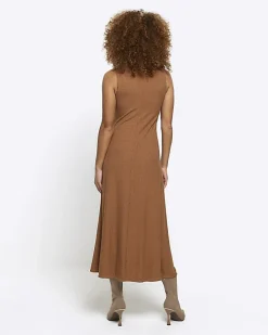 Brown rib high neck bodycon midi dress
