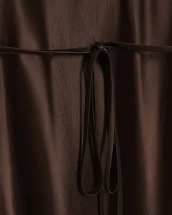 Brown satin belted slip midi dress