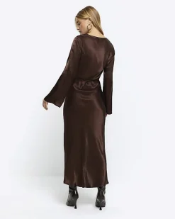 Brown satin belted slip midi dress