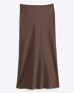 Brown satin midi skirt