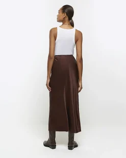 Brown satin midi skirt