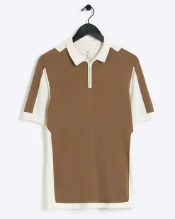 Brown slim fit colour block knitted polo
