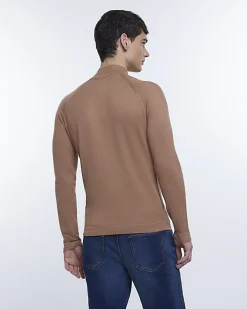 Brown slim fit knitted half zip jumper