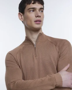 Brown slim fit knitted half zip jumper