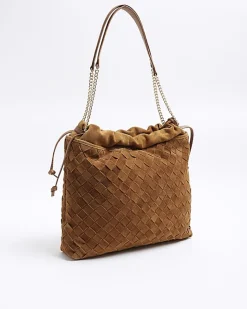 Brown suede weave slouch tote bag
