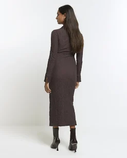 Brown Textured Midi Shirt Dress