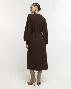 Brown tie waist sweatshirt midi dress