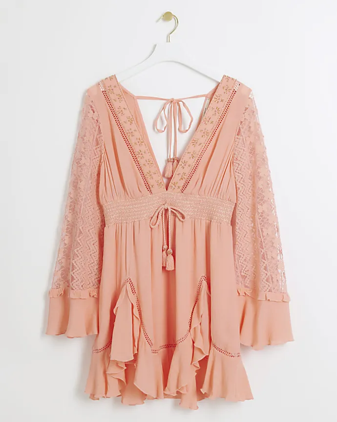 Coral broderie plunge beach mini dress