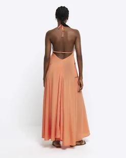 Coral embellished plunge beach maxi dress