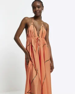Coral embellished plunge beach maxi dress