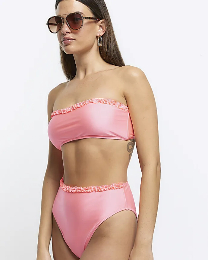 Coral high waisted frill bikini bottoms