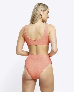 Coral low waist crinkle bikini bottoms