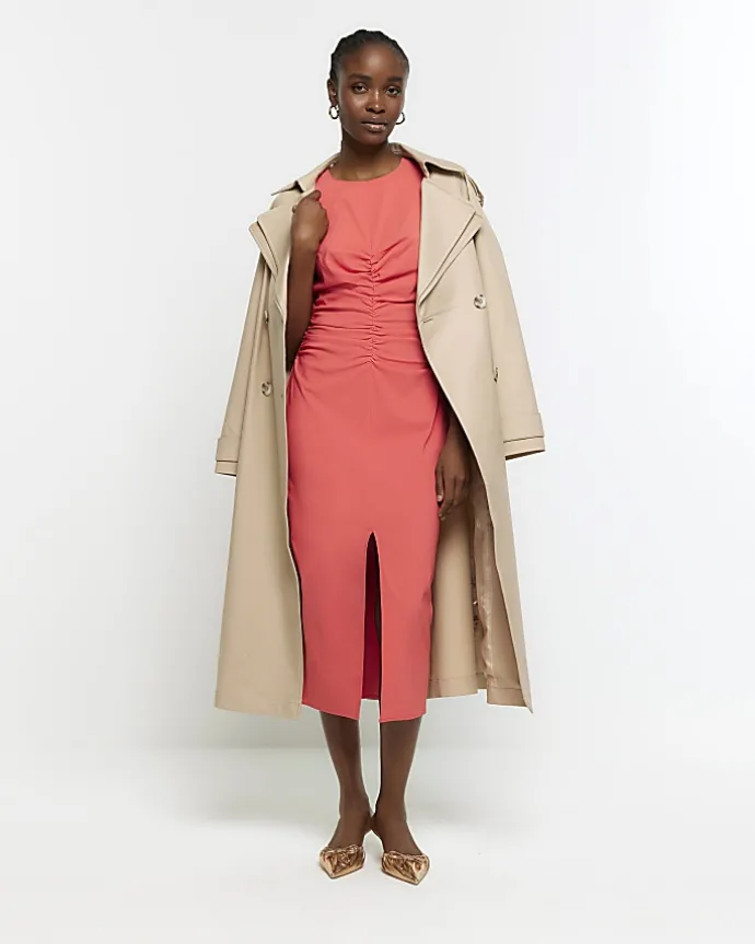 Coral ruched split bodycon midi dress