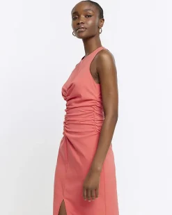 Coral ruched split bodycon midi dress