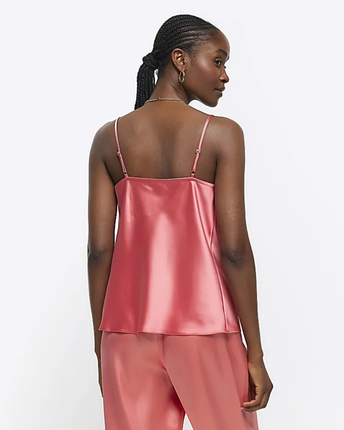 Coral satin cowl neck cami top