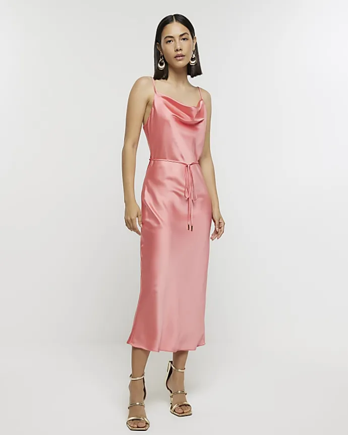 Coral satin cowl neck slip midi dress