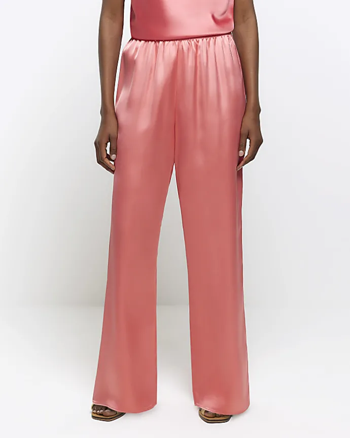 Coral satin pull on wide leg trousers