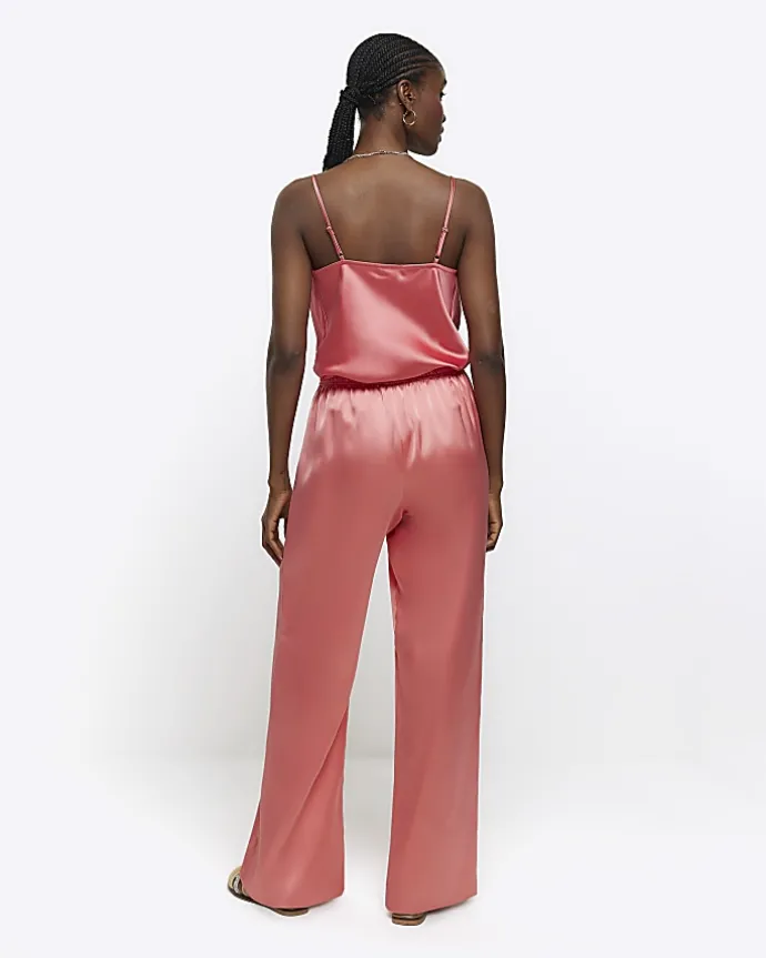 Coral satin pull on wide leg trousers