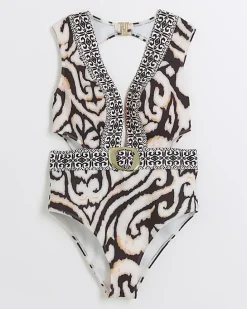 Cream abstract buckle swimsuit