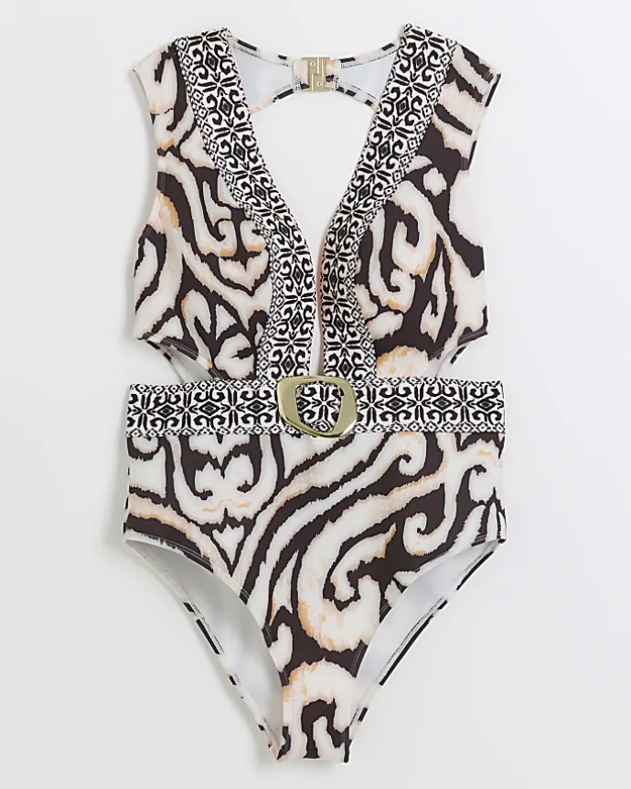 Cream abstract buckle swimsuit