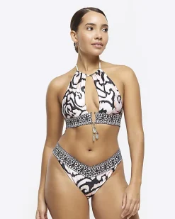 Cream abstract halter bikini top