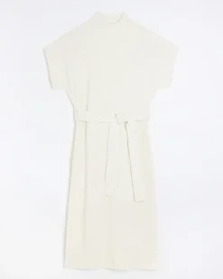 Cream belted high neck jumper midi dress