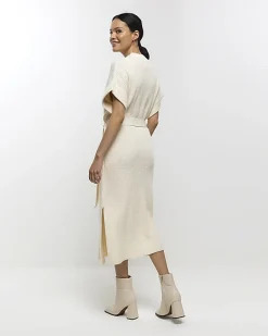 Cream belted high neck jumper midi dress