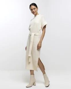 Cream belted high neck jumper midi dress