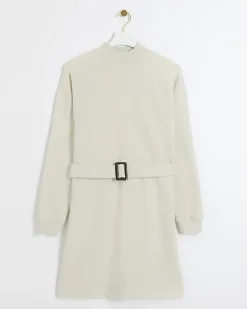 Cream Belted Sweatshirt Mini Dress