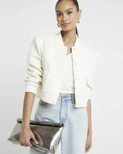 Cream Boucle Tailored Bomber Jacket