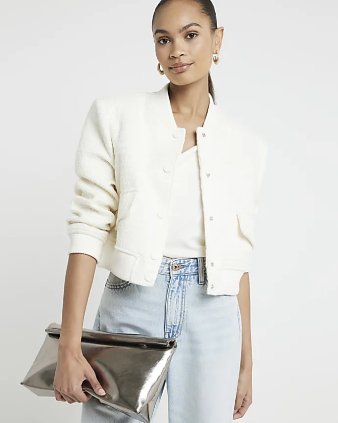 Cream Boucle Tailored Bomber Jacket