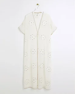Cream embellished longline kaftan