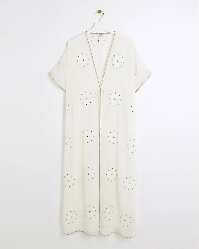 Cream embellished longline kaftan