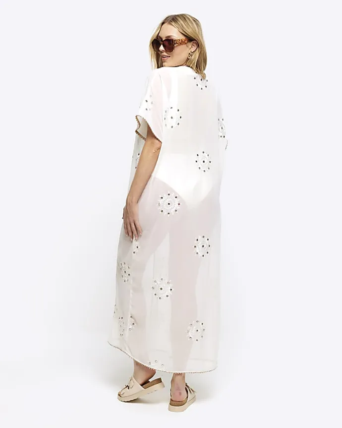 Cream embellished longline kaftan