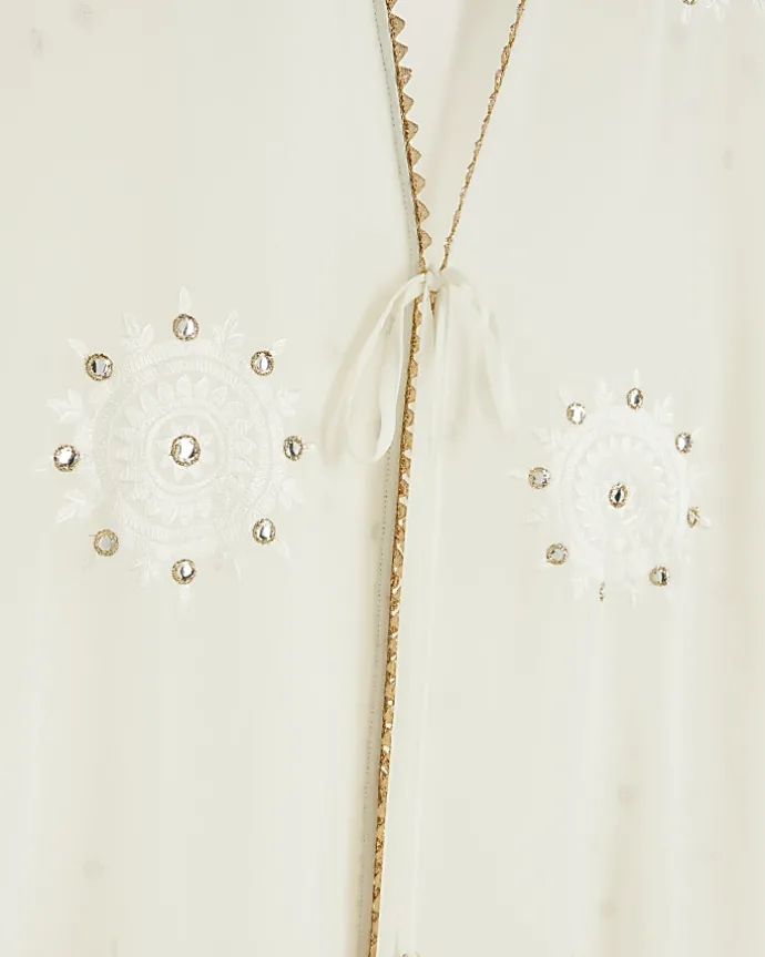 Cream embellished longline kaftan