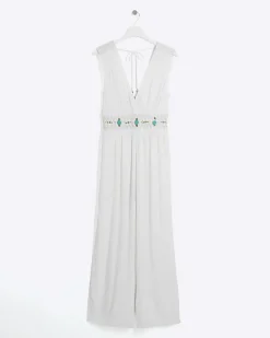 Cream embellished plunge jumpsuit