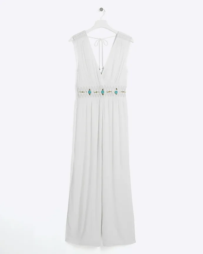 Cream embellished plunge jumpsuit